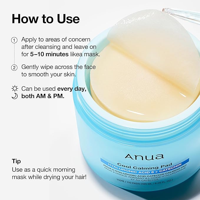 Anua 8 Hyaluronic Acid Catechin Calming Pad, Pore Care & Cooling Effect with Korean Toner pad, Quick & Easy Hydrating Daily Face Mask, Makeup Prep Routine, Korean Skin Care (185ml,110 Pads)