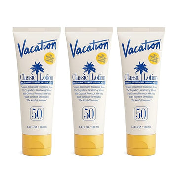 Vacation Classic Sunscreen Lotion SPF 50, Water-Resistant, Lightweight, Transparent on All Skin Tones, Dermatologist-Tested, Vegan, Travel Size, 3.4 Fl. Oz. (Value Pack of 3)