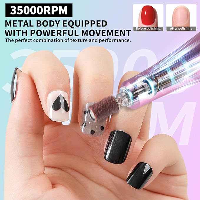 Portable Nail Drill Cordless,35000 RPM Electric Nail File with Holder,Rechargeable Nail Drill E Filer for Nails,Electric Nail Buffer Nail Dremel Tool for Women (Gradient Purple Green)