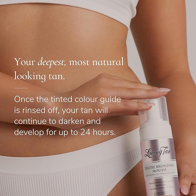 Loving Tan Deluxe Bronzing Mousse, Dark - Streak Free, Natural looking, Professional Strength Sunless Tanner - Up to 5 Self Tan Applications per Bottle, Cruelty Free, Naturally Derived DHA - 4 FL Oz