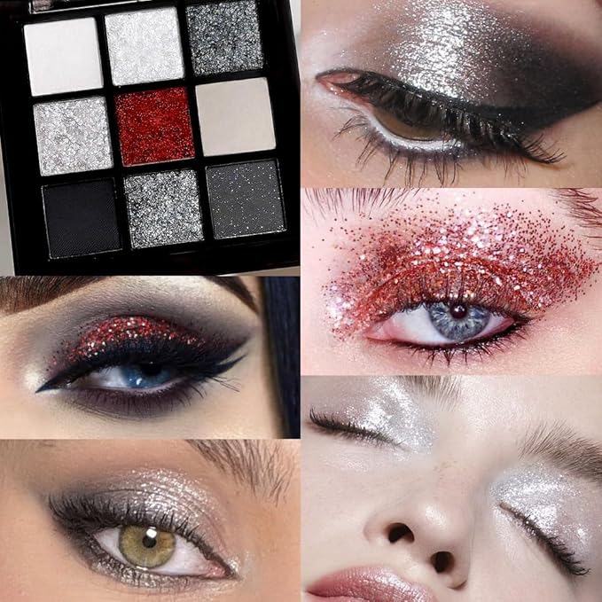 Smokey Black Red Eyeshadow Palette,9 Colors Dark Shimmer Matte Metallic Makeup Pallet,Pigmented Make Up Kit for Halloween Parties Christmas Joker Vampire Clown,Long Lasting Waterproof