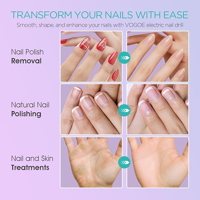 Electric Nail Drill, Cordless Nail File Machine Kit 2 Directions & Speeds for Acrylic, Gel Nails, Rechargeable with LED & 6 Nail Drill Bits for Professional Manicure and Pedicure, Purple ND310