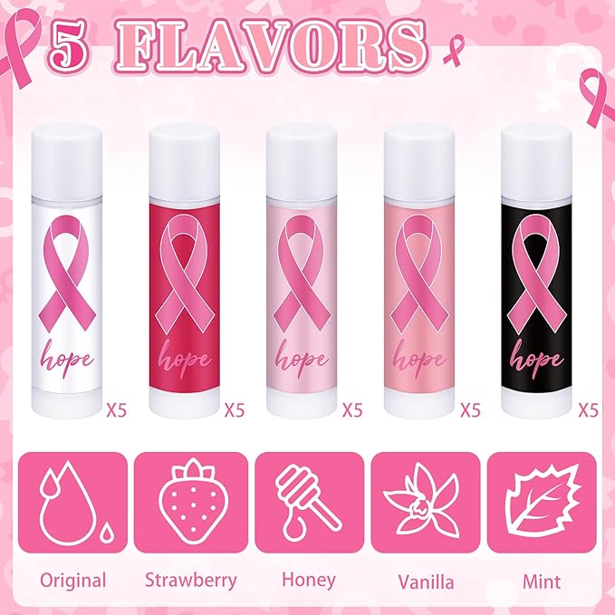 25 Pack Breast Cancer Awareness Accessories Gifts Bulk Lip Balms Favors Pink Ribbon Lip Balms Favors Breast Cancer Awareness Month Support Party Items Decorations for Women Men Survivors