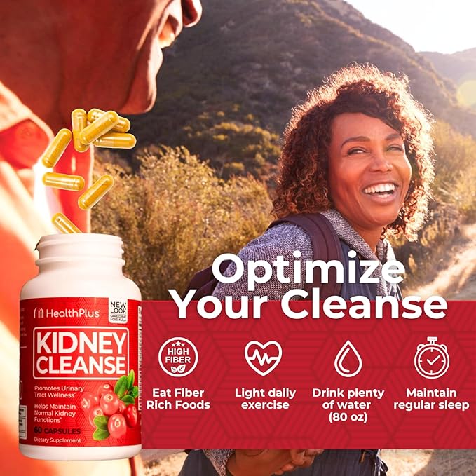 Health Plus Advanced Kidney Cleanse with Cranberry Extract, Turmeric Root and CoQ10, Helps Support Healthy Kidney Function & Urinary Tract Wellness, 60 Capsules