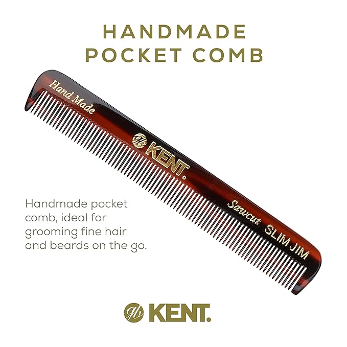 Kent Slim Jim Handmade All Fine Tooth Pocket Comb for Men, Hair Comb Straightener for Everyday Grooming Styling Hair, Mustache and Beard, Use Dry or with Balms, Saw Cut Hand Polished, Made in England