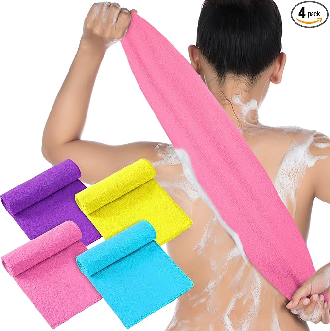 Tatuo 4 Pieces Korean Exfoliating Washcloth Body Back Scrubber Japanese Italy Exfoliating Cloth 35.5 Inch Long Bath Towel Washcloth Dead Skin Remover for Men Women(Mixed Color)