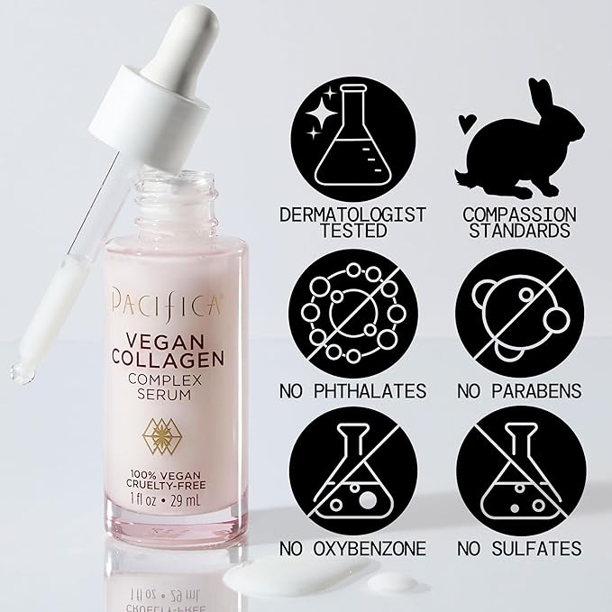 Pacifica Vegan Collagen Complex Face Serum Anti Aging Hydrating Serum w/Hyaluronic Acid for Plumping & Firming Collagen Boosting Facial Serum for Fine Lines & Wrinkles Clean Dermatologist Tested