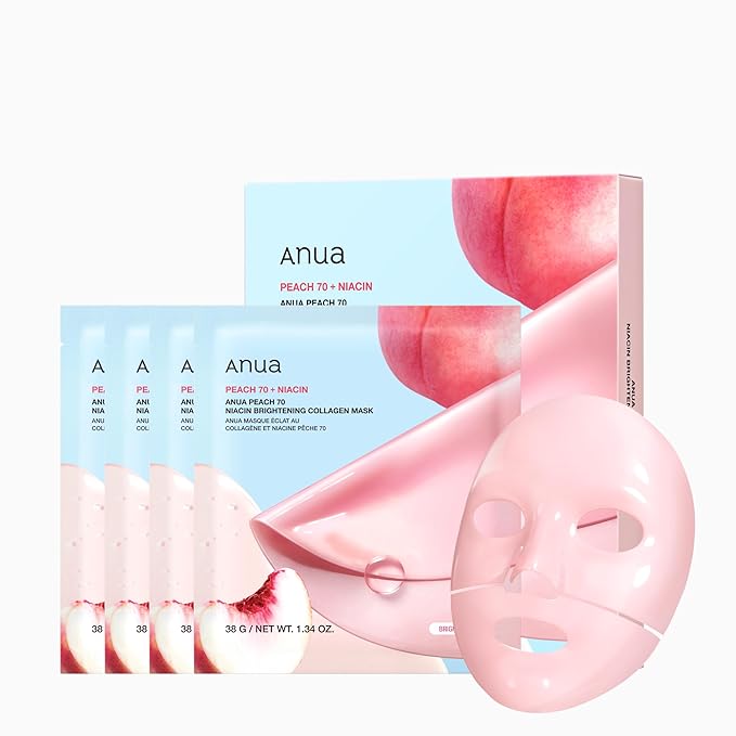 ANUA Peach 70 Niacin Brightening Collagen Mask, Overnight Face Mask for Glass Skin, Niacinamide, Collagen Facial Mask, Glow up with Hydration, Natural Color, Korean Skin Care (38g, 4ea)
