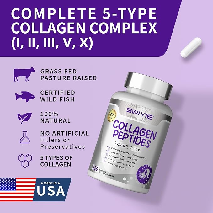 Multi Collagen Peptides Capsules 1800mg, Hydrolyzed Collagen Supplements for Women & Men with Types I, II, III, V & X, Collagen Protein Supports Skin Nails Bones & Joints | 120 Count