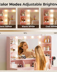 COMHOMA Vanity Desk with Lighted Mirror and Power Outlet, RGB LED Lights Makeup Vanity Set for Girls, Large Storage Capacity Dressing Table for Bedroom, 3 Lighting Modes Adjustable Brightness, Pink