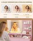 Makeup Vanity Desk Set, 35.4" Wx15.7”Dx53.9“H, Pink (Smart LED Mirror, with Cushion Stool, Hairdryer Rack, Power-Outlet, 4 Drawers, Open Shelves)