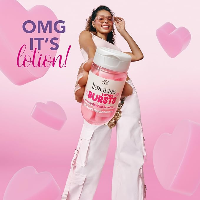 Jergens Cherry Almond Lotion Bursts, Squishy Heart-Shaped Moisturizer Bursts, Lotion Gifts for Teens, 38 Ct