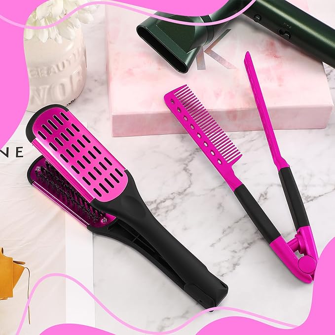 Chengu Hair Brush, Boar Bristles Clamp Double Sided Brush & V Shaped Styling Hair Comb, Straightening Knotty Unkempt Hair (Rose Red, Pink)