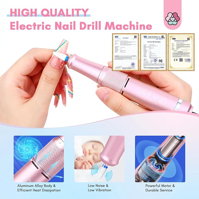 SAVILAND Portable Electric Nail Drill: 40000 RPM Rechargeable Electric Nail File for Acrylic Nails Professional with Ceramic Corn Head Nail Drill Bits for Nails Manicure Tools & Pedicure Kit Salon Use