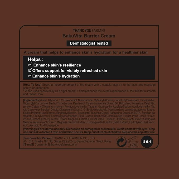 THANKYOU FARMER BakuVita Barrier Cream - Bakuchiol Cream, Day & Night Korean Moisturizer, Bakuchiol Retinol Alternative, Vitamin C + E Korean Serum, Pore Care, Firming, Vegan 1.75 fl oz (50ml)