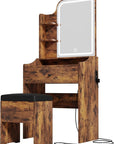 LIKIMIO Small Makeup Vanity Desk with Mirror and Lights, Vanity Table Set with Storage Drawer, Chair and Three Shelves, Bedroom, Vintage Brown