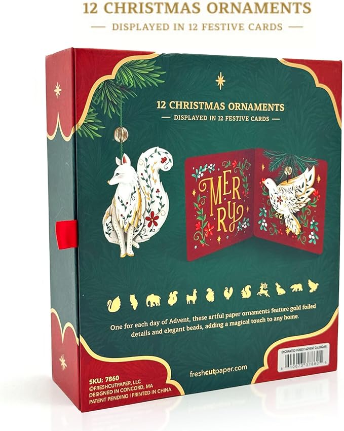 Freshcut Paper 2025 Advent Calendar, Enchanted Forest Christmas Ornaments, Pop Up 3D Greeting Cards, Paper Advent Calendar for Adults, Christmas Gifts, Holiday Cards with Blank Notecard & Envelope