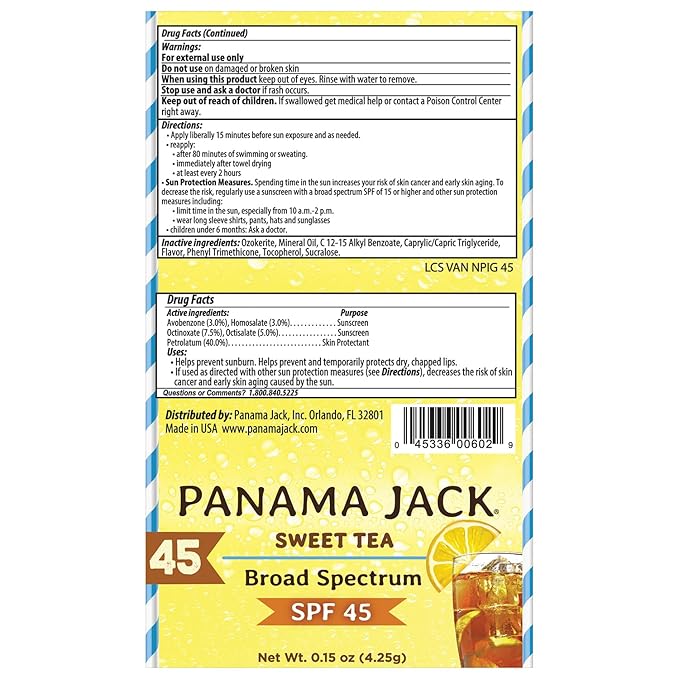 Panama Jack Sunscreen Lip Balm - SPF 45, Broad Spectrum UVA-UVB Sunscreen Protection, Prevents & Soothes Dry, Chapped Lips, Sweet Tea, 12-pack