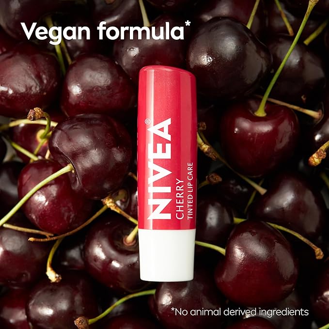 NIVEA Cherry Lip Care, Tinted Lip Balm with Shea Butter, Nourishing Oils and Vitamin C & E, 3-in-1 Moisture, Repair (for Dry Lips) and Color, 0.17 Oz Stick (Pack of 6)