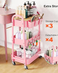 3 Tier Rolling Cart Metal with Wheels & Table Top, Pink Utility Cart with Cups and Hooks, Three Tiered Craft Cart Organizer on Wheels, Storage Carts for Salon, Lash, Hair, Nail, Makeup, Diaper, Book