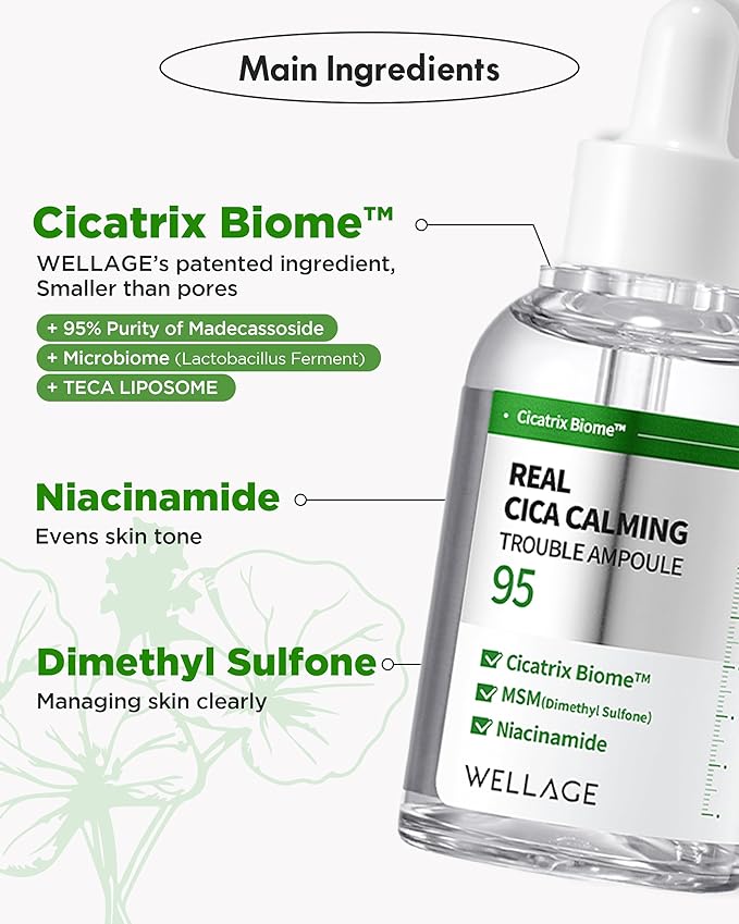 WELLAGE Real Cica Calming Trouble Ampoule - Korean Soothing Serum 95% Madecassoside, Rapid Soothing, Redness Relief, Sebum Control, Improves Freckles and Blemishes, for Acne-Prone Skin, 1.69 fl.oz