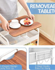 TOOLF 3-Tier Rolling Cart with Table Top, Metal Storage Cart on Wheels, Utility Organizer with Wooden Tray, Lockable Casters, Easy Assembly for Bathroom, Living Room, Office, Kitchen, White