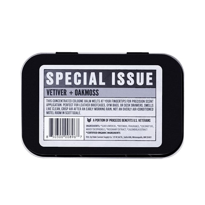 Duke Cannon Supply Co. Solid Cologne for Men Special Issue Vetiver and Oakmoss (Fresh Air, Sandalwood) - Concentrated Balm, Travel-Friendly Tin, 1.5 oz