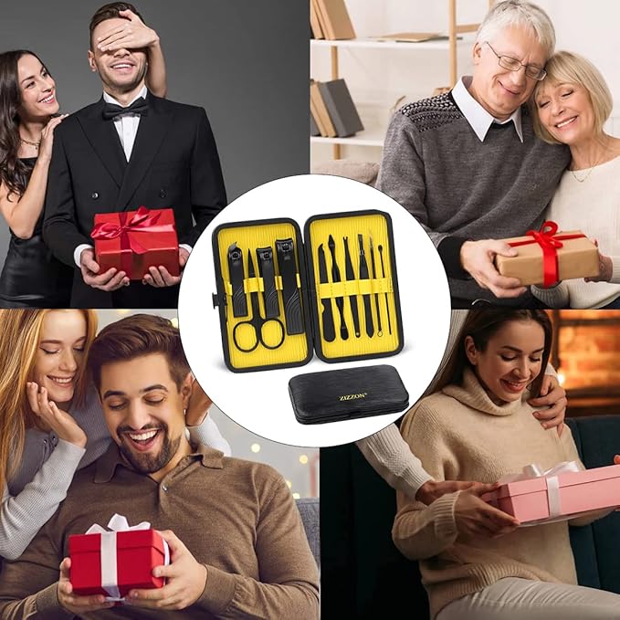 ZIZZON Travel Mini Manicure set Nail Clipper set 10 in 1 Stainless Steel Pedicure Care Grooming kit with Case(Black/Yellow)