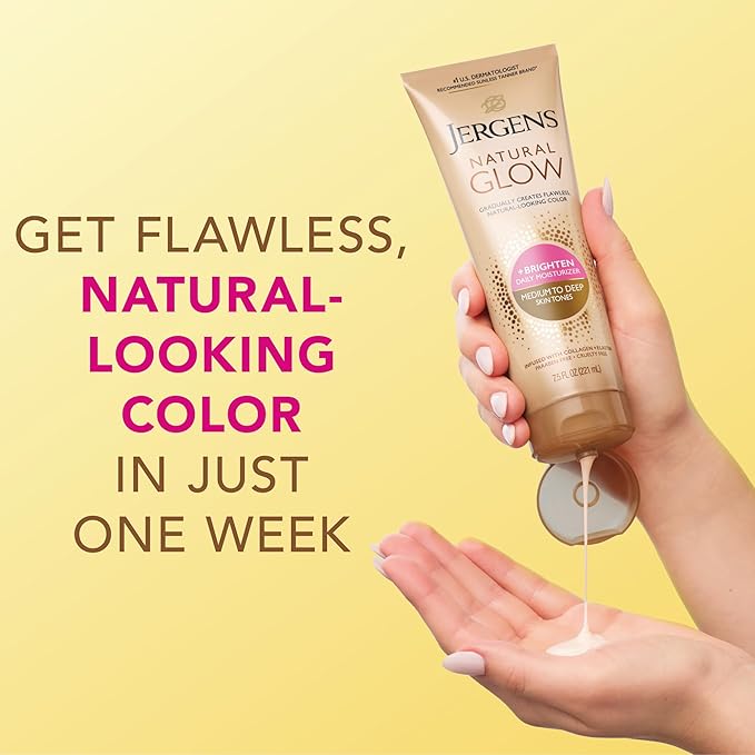 Jergens Natural Glow Self Tanner Body Lotion, Sunless Tanning, Medium to Deep Skin Tone, Daily Moisturizer with Coconut Oil, Vitamin E and Antioxidants, 7.5 Oz