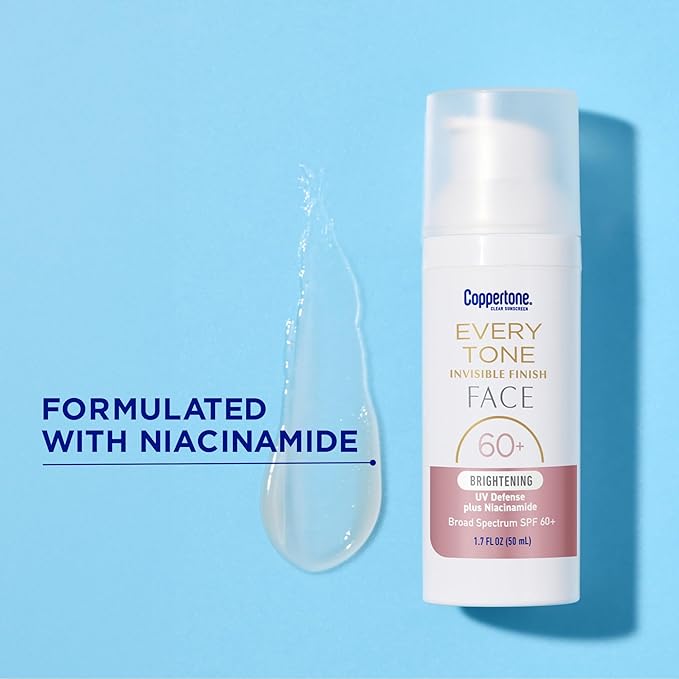 Coppertone Every Tone Invisible Finish Brightening UV Defense Face Sunscreen SPF 60+ with Niacinamide, Lightweight, Blends in Clear Sunscreen for All Skin Tones, 1.7 Fl Oz Pump Bottle