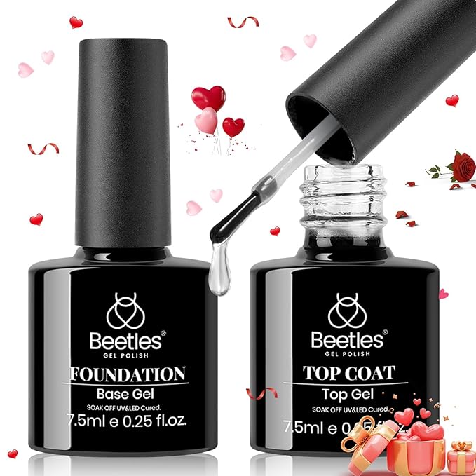 Beetles 2Pcs No Wipe Gel Top Coat and Base Coat Set, High Gloss Clear Long Lasting Base and Top Coat, Soak Off Nail Art DIY at Home