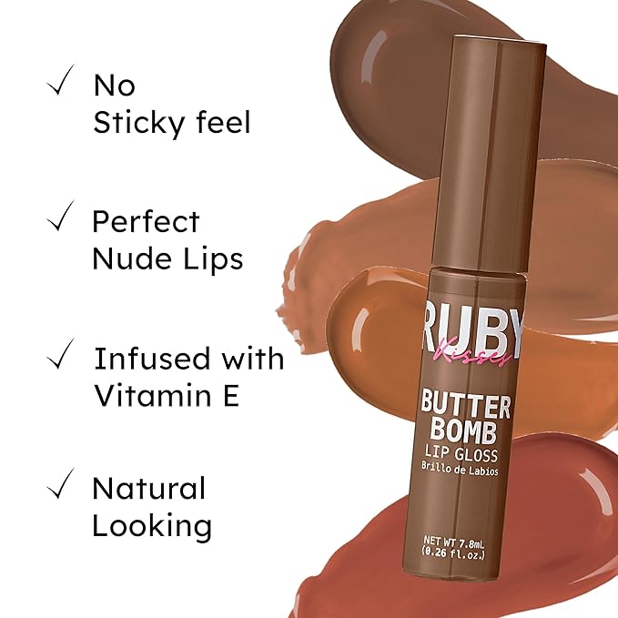 Ruby Kisses Lip Gloss Butter Bomb Gloss Non-Sticky Lip Gloss Vitamin E Natural Nude Lip Makeup - 7.8mL (0.26 US fl.oz) (Cinna-Buns)
