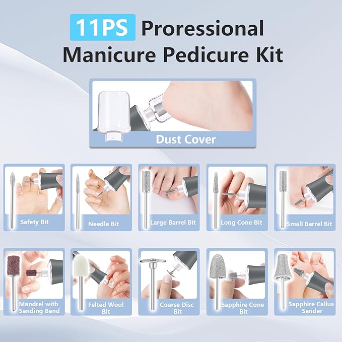 Electric Nail File Drill, Cordless 2000 mAh Rechargeable Nail Filer Electric, Portable Nail Dril 10 Speeds Professional Machine Drill for Nails Acrylic Manicure and Thick Toenails Grinder