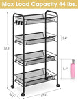 TOOLF 4-Tier Rolling Cart, Metal Utility Cart with 3 Hooks, Easy Assemble Mobile Storage Trolley On Wheels, Metal Shelving Units Kitchen Bathroom Laundry Room