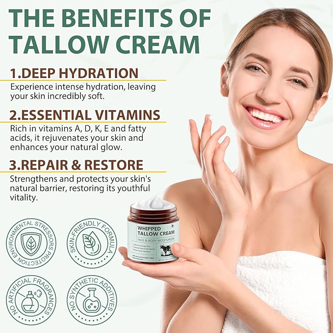 Beef Tallow for Skin, Beef Tallow Moisturizer, 4.2 oz Organic Whipped Grass Fed Beef Tallow with Honey Cream for Face & Body, Unscented