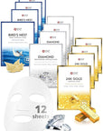 SNP Variety Ampoule Sheet Mask Set | Bird's Nest, 24K Gold, and Diamond Face Mask | Hydrating, Moisturizing, Nourishing for Sensitive Facial Skin | Korean Face Masks Skincare | 12 Sheets