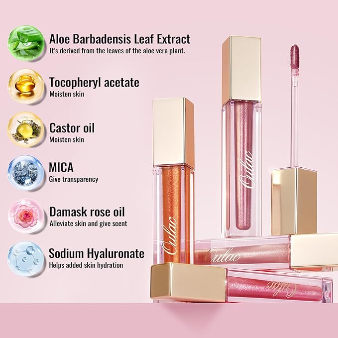 Oulac Shine Nude Liquid Lipstick for Women-Lip Plumper Lip Gloss for Dry Lip Care, Lightweight Soft and Hydrating Lip Tint Stain with Vitamin E & Rose Oil Vegan & Cruelty-Free, S01
