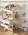 Floor Makeup Organizer with Lockable Wheels & 8 Dividers, 2-Drawer Rolling Skincare Cart for Cosmetics/Perfume/Nail Polish, Mobile Vanity Storage - White (Bathroom/Bedroom Use)