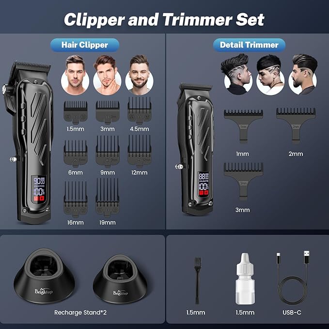 Brightup Barber Hair Clippers [Brushless 9000RPM & Cordless] for Men, Professional Clippers & Trimmers Set with USB-C Charging Stand, Hair Tools Cutting Kit with LCD Display, Gift for Men