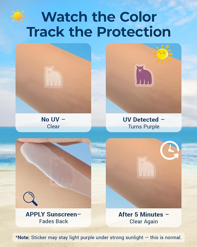 80 Pcs UV Stickers for Sunscreen, Sunscreen Stickers Reapply Reminder Know When to re-Apply Sunscreen, UV Detection Stickers Waterproof, Sunny UV Patches Reminder, SPF UV Spots for Kids (Animal Style)