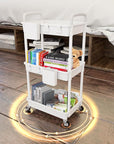 3 Tier Rolling Utility Cart with Handle,REBECAT Utility Cart Made of Multifunctional Storage Organizer Tool for Kitchen,Bathroom,Living Room,Office(White)