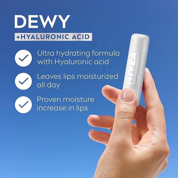 NIVEA Dewy Lip Balm with Hyaluronic Acid, Skin Care Gifts for Mom, Leaves Visibly Less Noticeable Lip Lines and No Waxy Feel, 0.18 Oz, Pack of 4