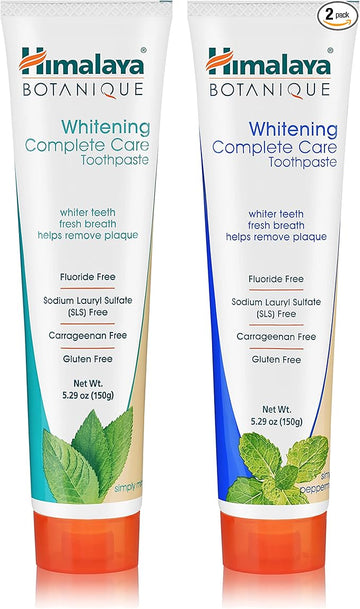 Himalaya Botanique Complete Care Whitening Toothpaste Variety Pack, Simply Mint and Simply Peppermint Flavors, Fluoride Free, for a Clean Mouth, Whiter Teeth and Fresh Breath, 5.29 oz, 2 Pack