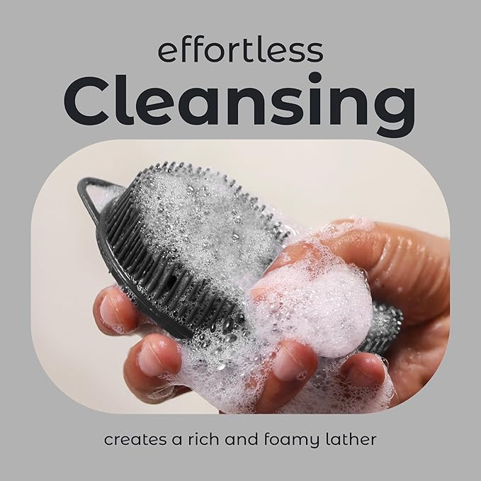MainBasics Silicone Body Scrubber – Dual-Sided Shower & Scalp Scrubber, Gentle Silicone Loofah Alternative for Deep Clean (Black, Scalp)