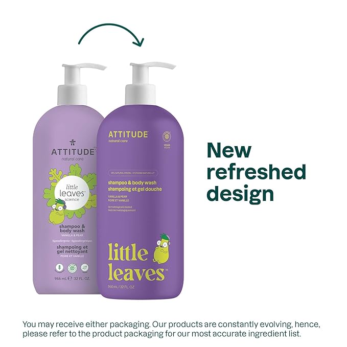ATTITUDE Shampoo and Body Wash for Kids, EWG Verified Hair and Body Cleanser, Dermatologically Tested Soap, Plant and Mineral Based Bath Products, Vegan, Vanilla and Pear, 32 Fl Oz