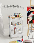 3 Tier Rolling Cart Metal with Wheels and Bamboo Table Top, Art Cart Organizer on Wheels, White Three Tiered Storage Utility Carts for Craft, Baby, Diaper Caddy,Coffee,Kitchen,Cleaning,Office Supplies