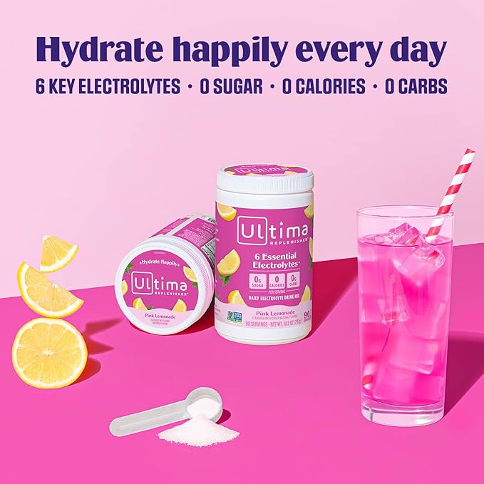 Ultima Replenisher Daily Electrolyte Drink Mix – Pink Lemonade, 90 Serving – Hydration Powder with 6 Key Electrolytes & Trace Minerals – Keto Friendly, Vegan, Non-GMO & Sugar-Free Electrolyte Powder
