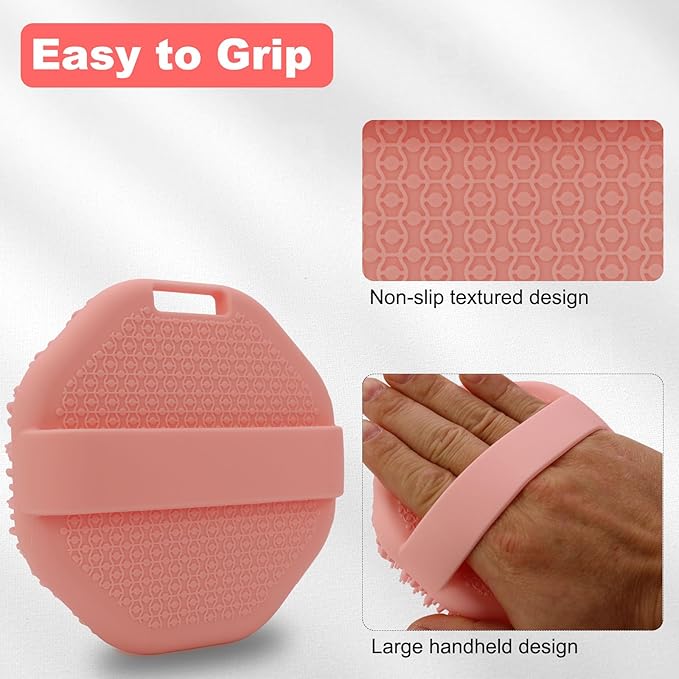 Silicone Body Scrubber, Exfoliating Body Scrubber for All Skin Types, Handheld Shower Brush with Rich Lathering and Easy Cleaning (Pink)