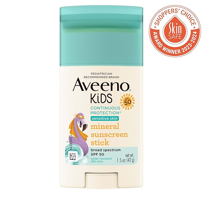 Aveeno Kids Continuous Protection Zinc Oxide Mineral Sunscreen Stick for Sensitive Skin, Face & Body Sunscreen Stick for Kids with Broad Spectrum SPF 50, Sweat- & Water-Resistant, 1.5 oz