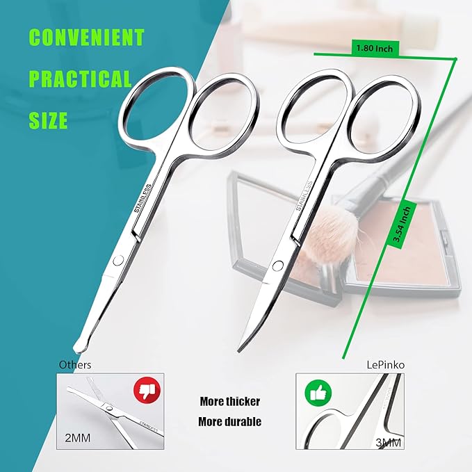 Facial Hair Small Grooming Scissors For Men Women - Eyebrow, Nose Hair, Mustache, Beard, Eyelashes, Ear Trimming Kit - Curved and Rounded Safety Tip Clippers For Hair Cutting - 2PCS Silver